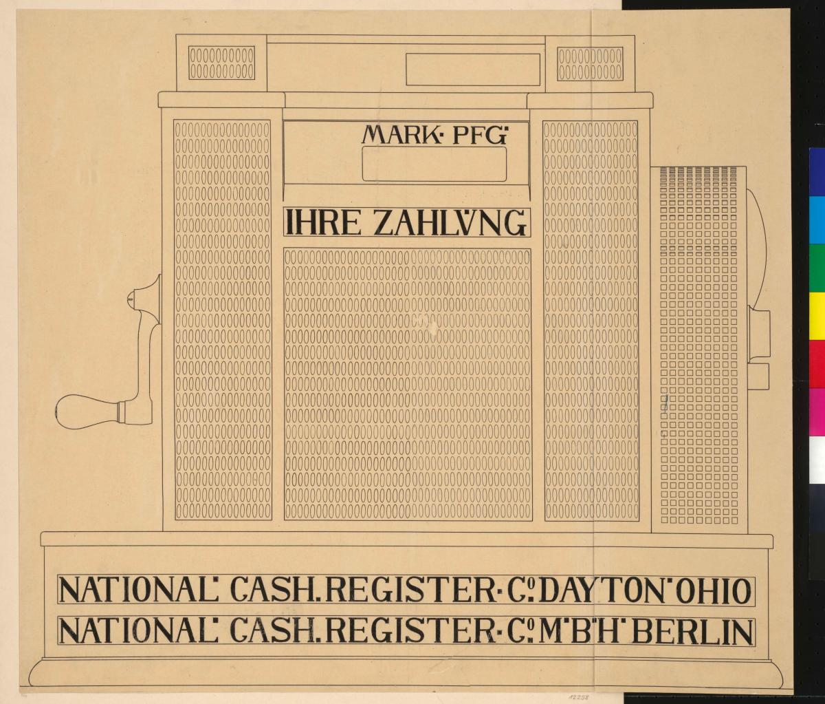 Registerkasse für Firma National Cash Register Company, Rückansicht des Gehäuses