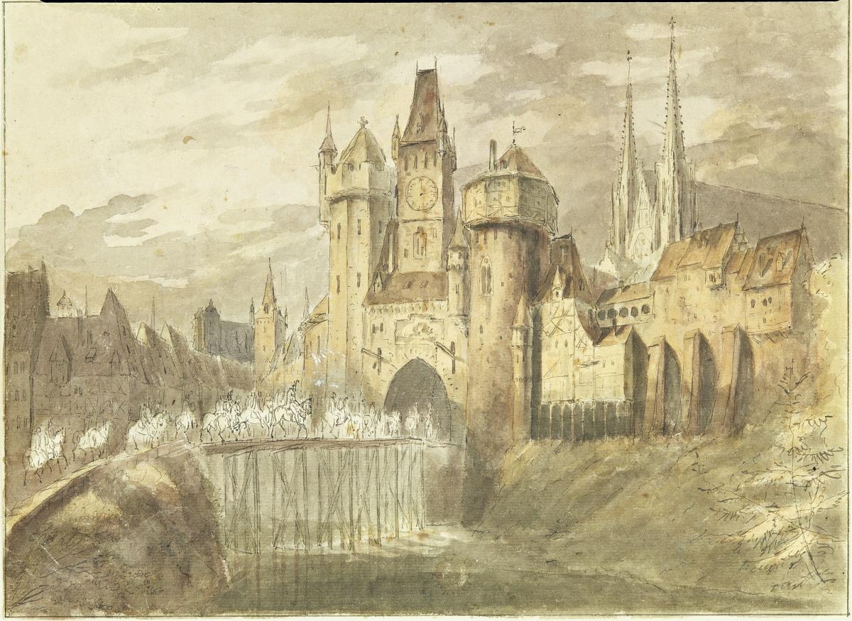 Mittelalterliches Schloss mit Zugbrücke und Reiterzug