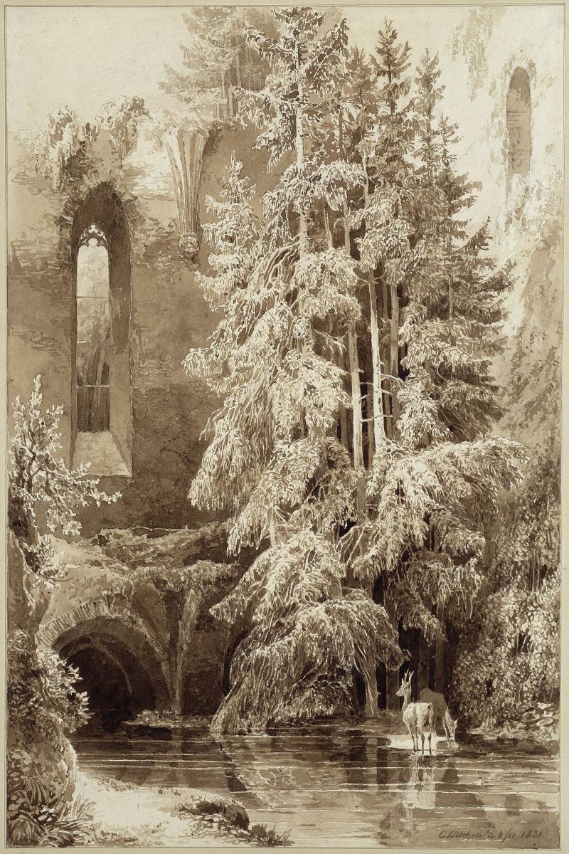 Tannengruppe in gotischer Kirchenruine, vorn im Wasser Rehe stehend
