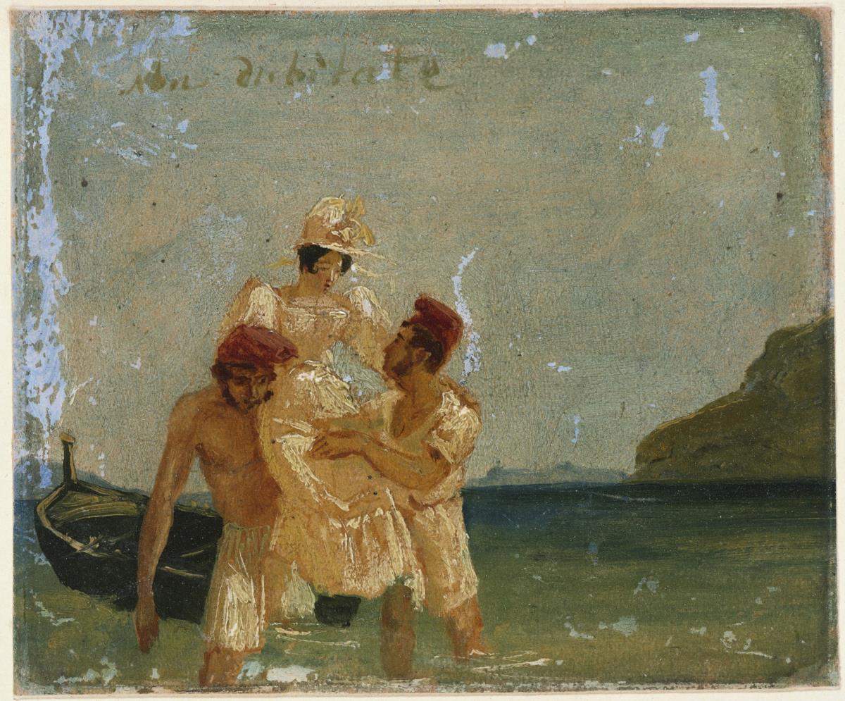 Non dubitate! Zwei Neapolitaner eine Dame durchs Wasser tragend