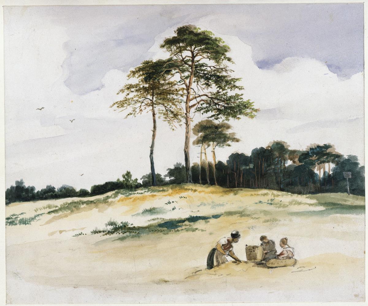 Märkische Landschaft mit Sand schaufelnden Frauen
