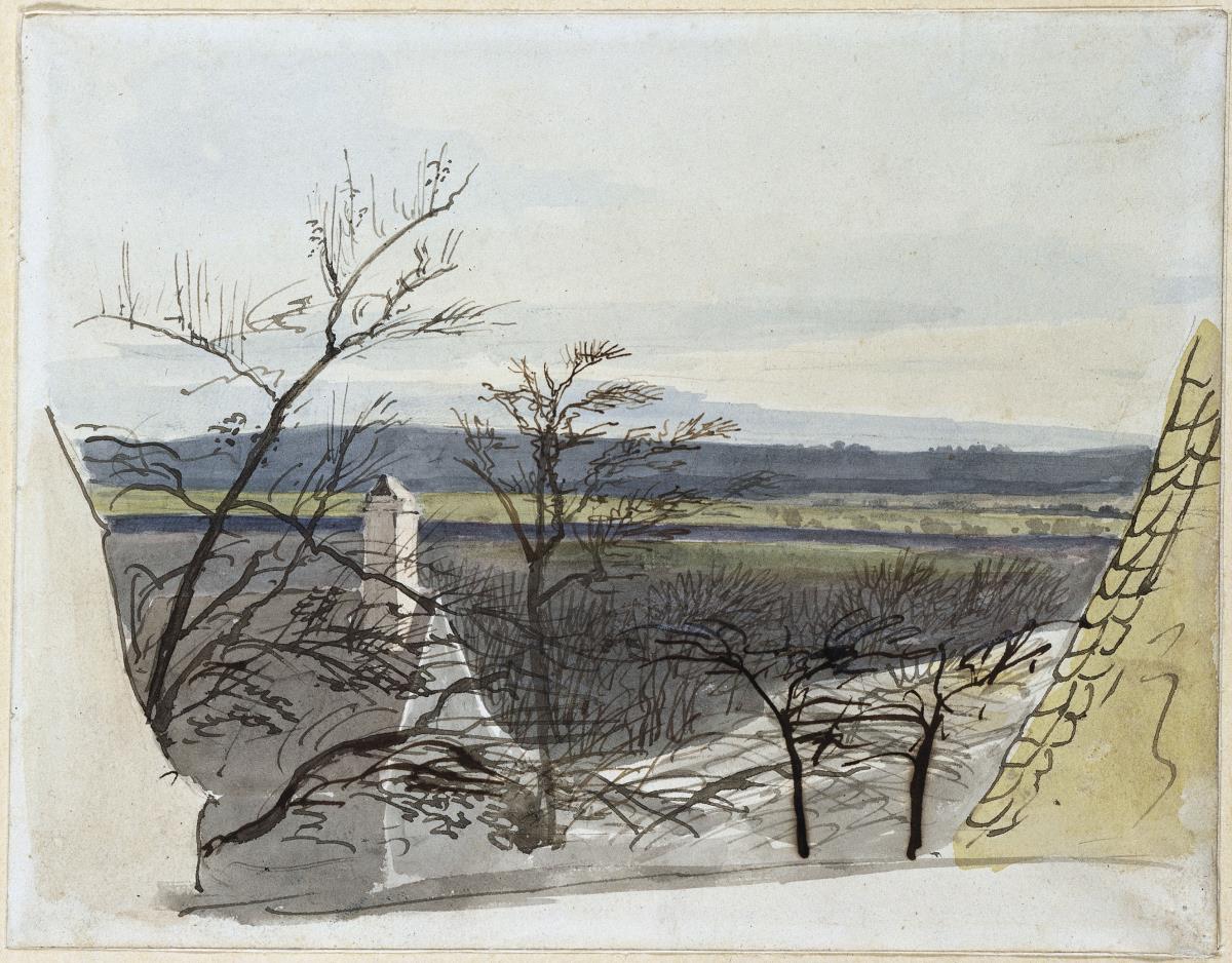 Blick in eine Flußlandschaft, vorn Häuser und dürres Gehölz