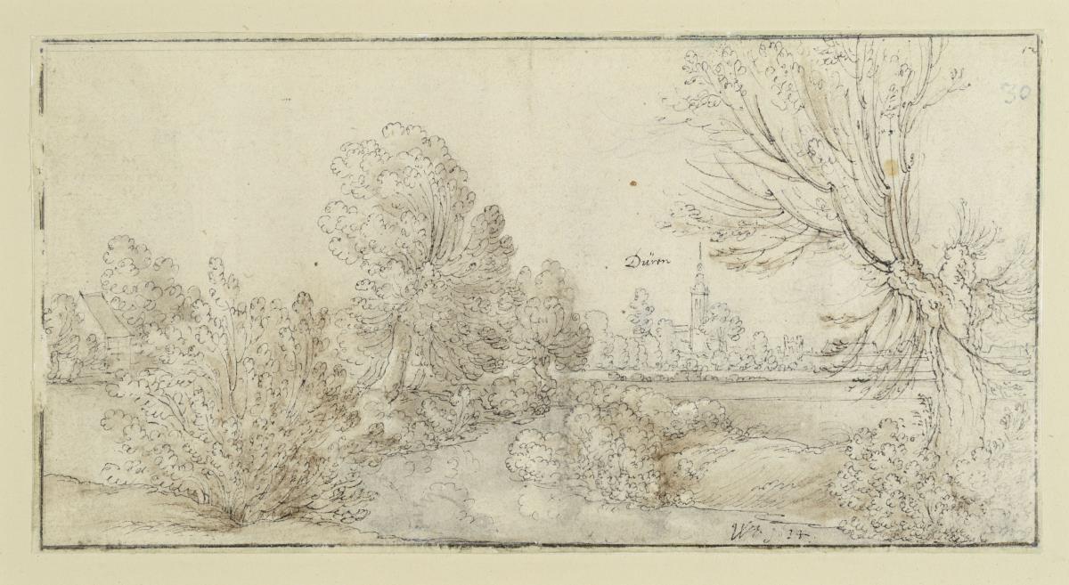 Blick auf die Kirche von Düren aus buschigem Gelände