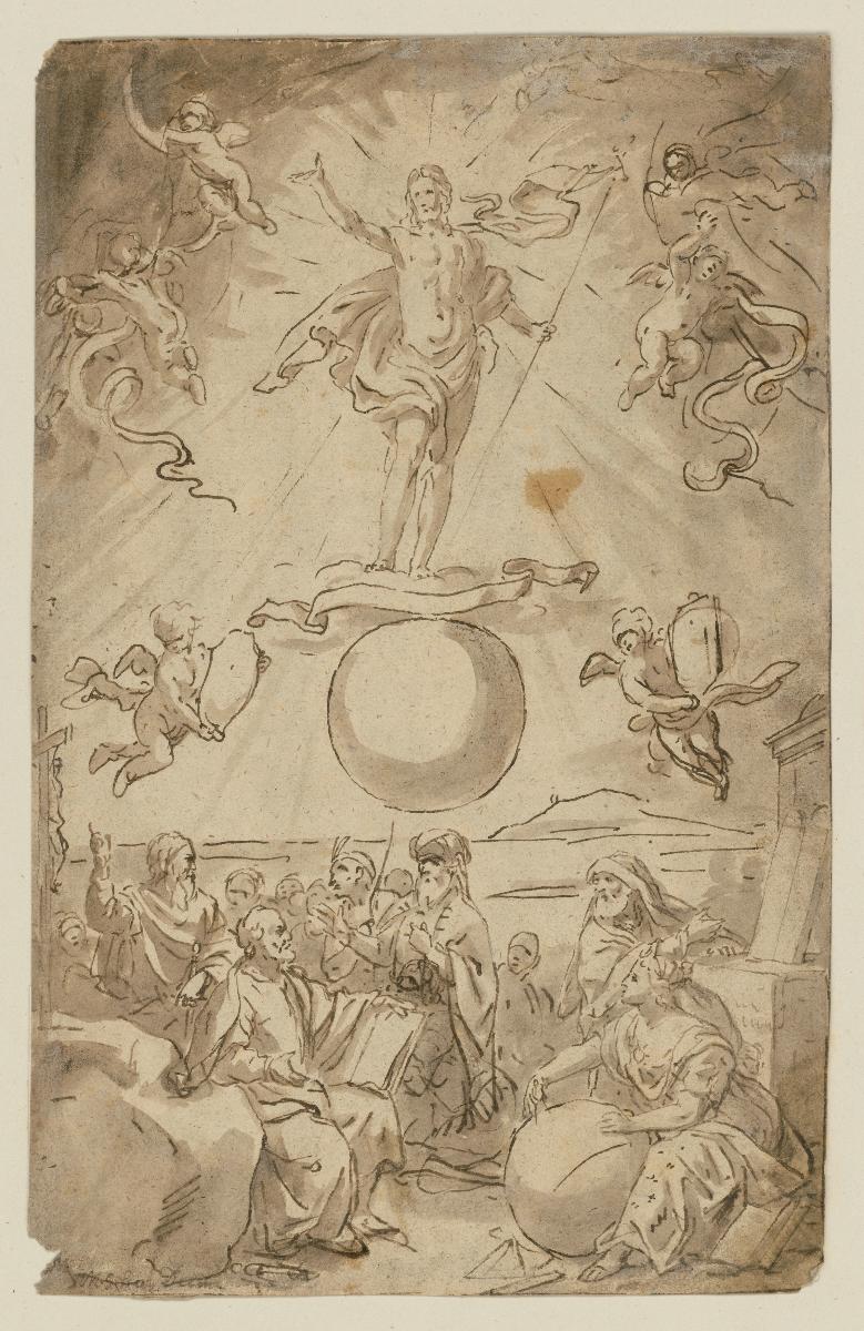 Disputa. Unten: Heilige und Gelehrte im Glaubensgespräch. Oben: Christus in der Glorie zwischen schwebenden Putten auf der Weltkugel stehend