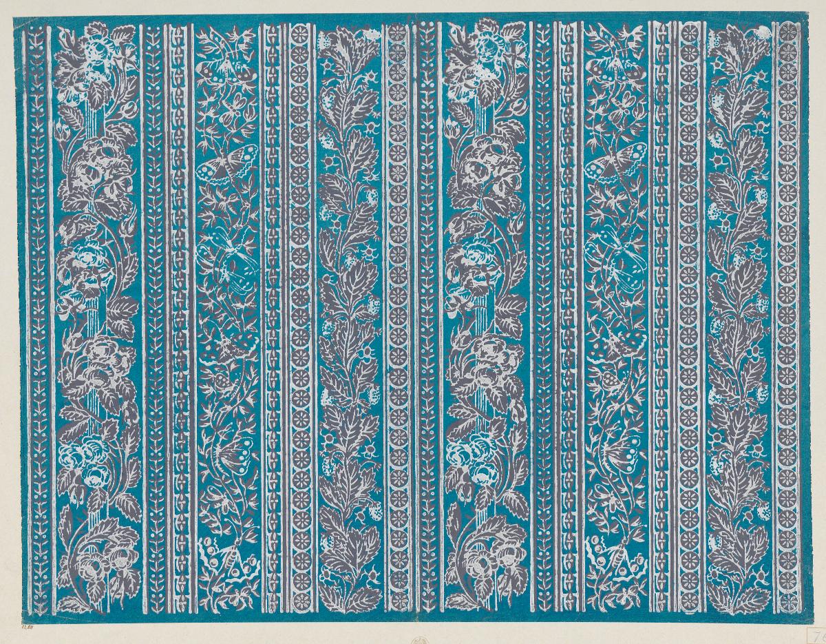 Modeldruckpapier (Streifenmuster mit Ranken, Schmetterlingen und kleinen floralen Motiven)