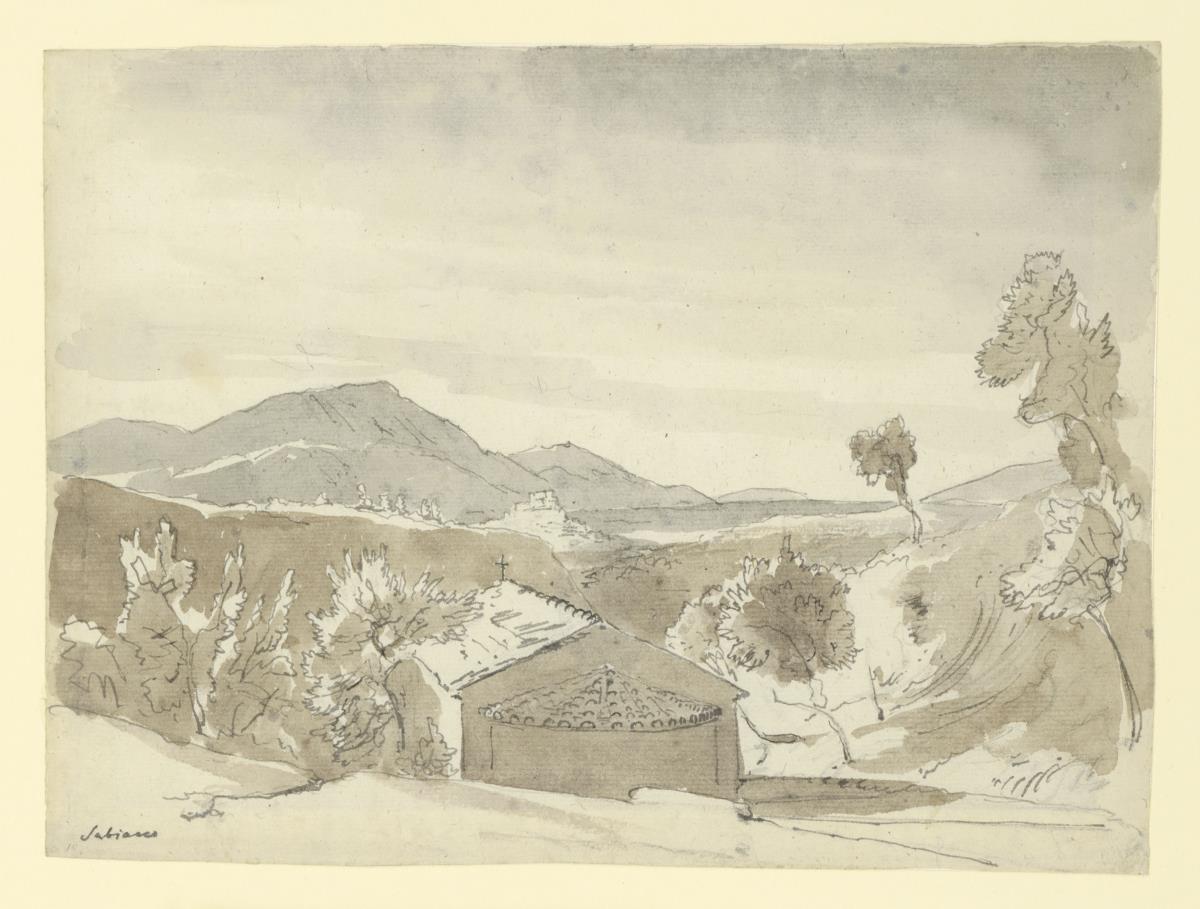Landschaft bei Subiaco, vorn eine Kapelle