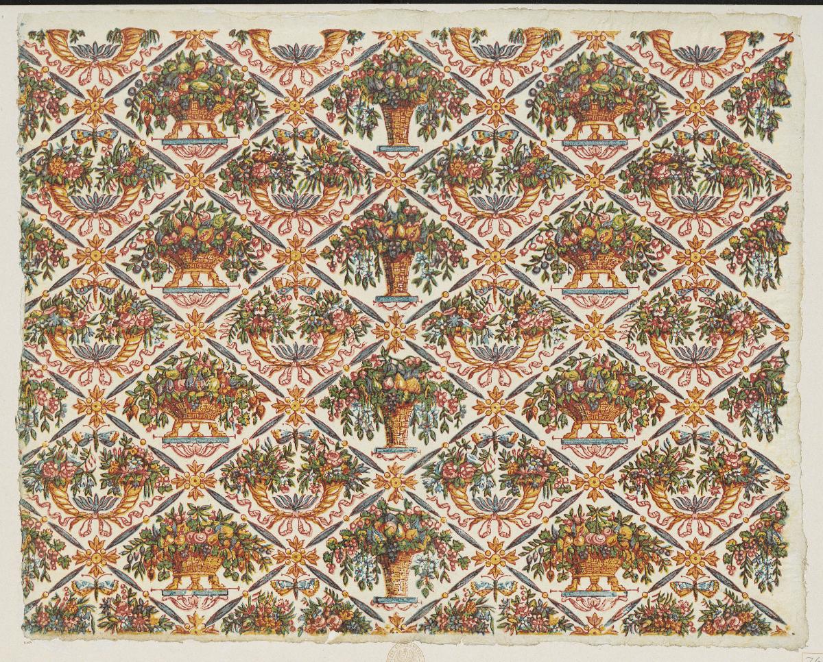 Modeldruckpapier (großes Rautenmuster mit Fruchtkörben und Blumengebinden)