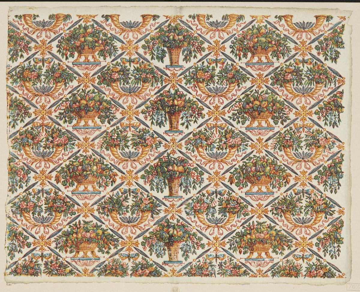 Modeldruckpapier (Rautenmuster mit Fruchtkörben und Blütengebinden)