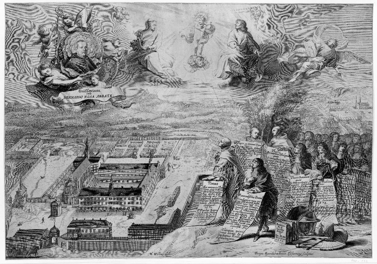 Plan des Klosters Grüssau mit dem Bildnis des Abtes Bernardo Rosa