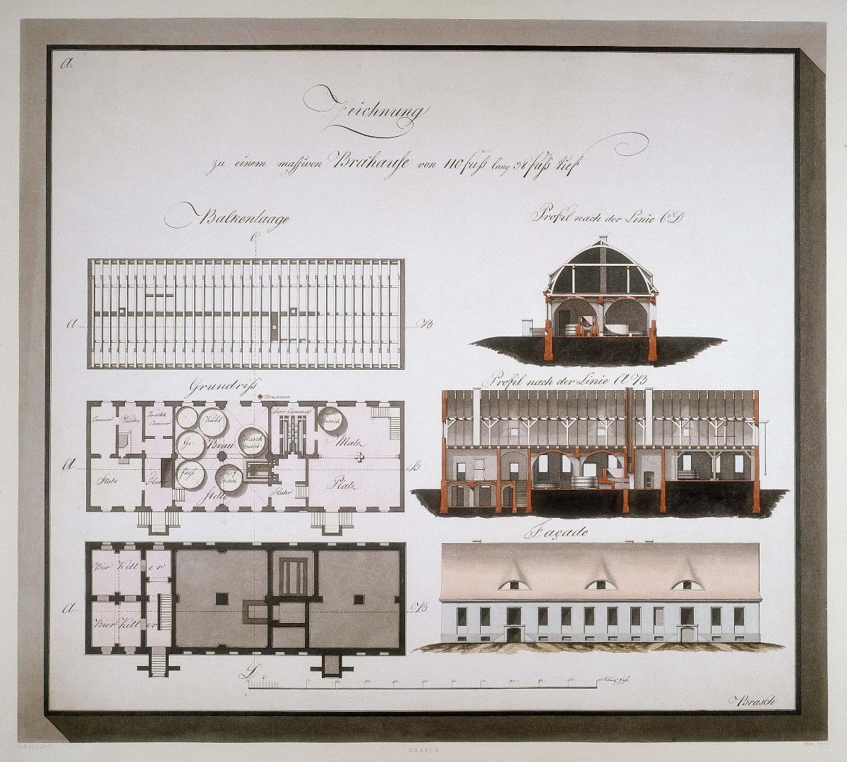 Entwurf zu einem Brauhaus, Ansicht, Grundrisse und Schnitte