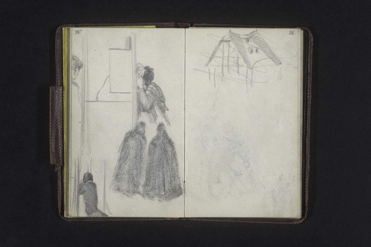 Verschiedene Figurenstudien, verworfene Skizze eines Hauses