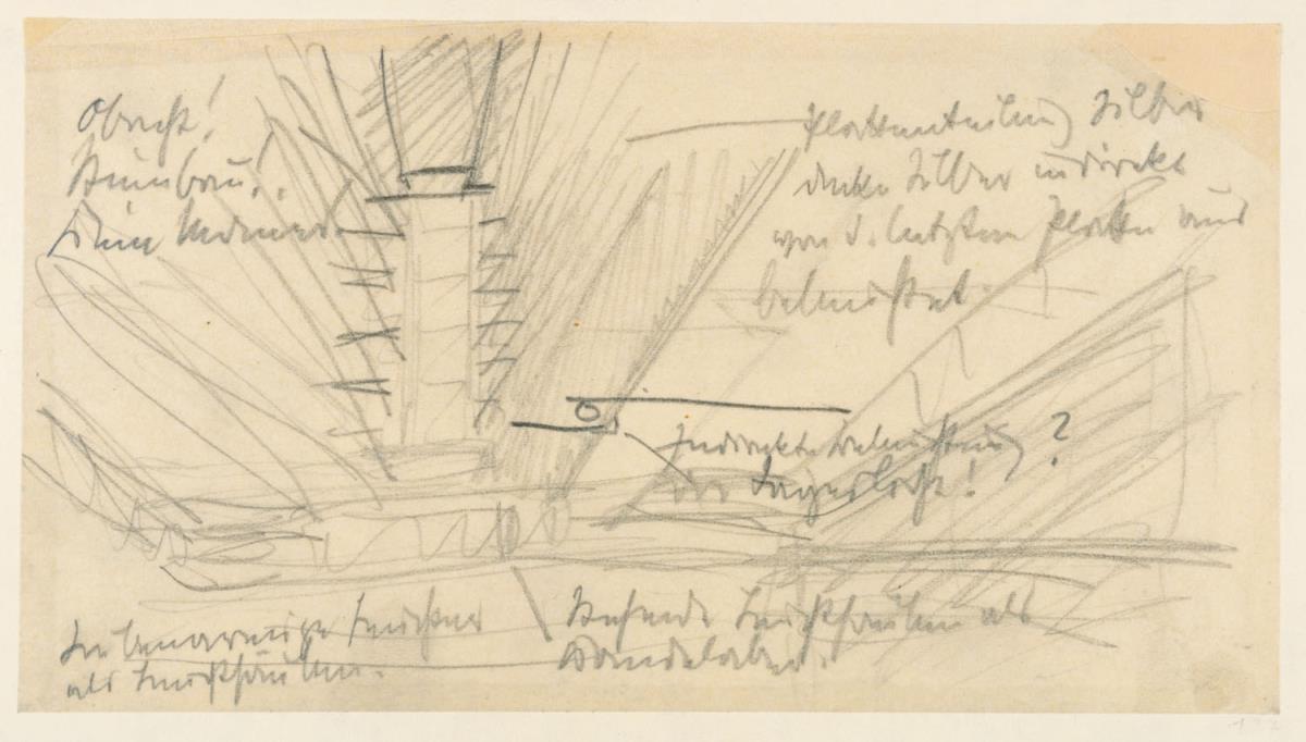 Königsberg, Jüdischer Friedhof. Zwei Skizzen zur Einsegnungshalle - Innenraumperspektive und Deckendetail