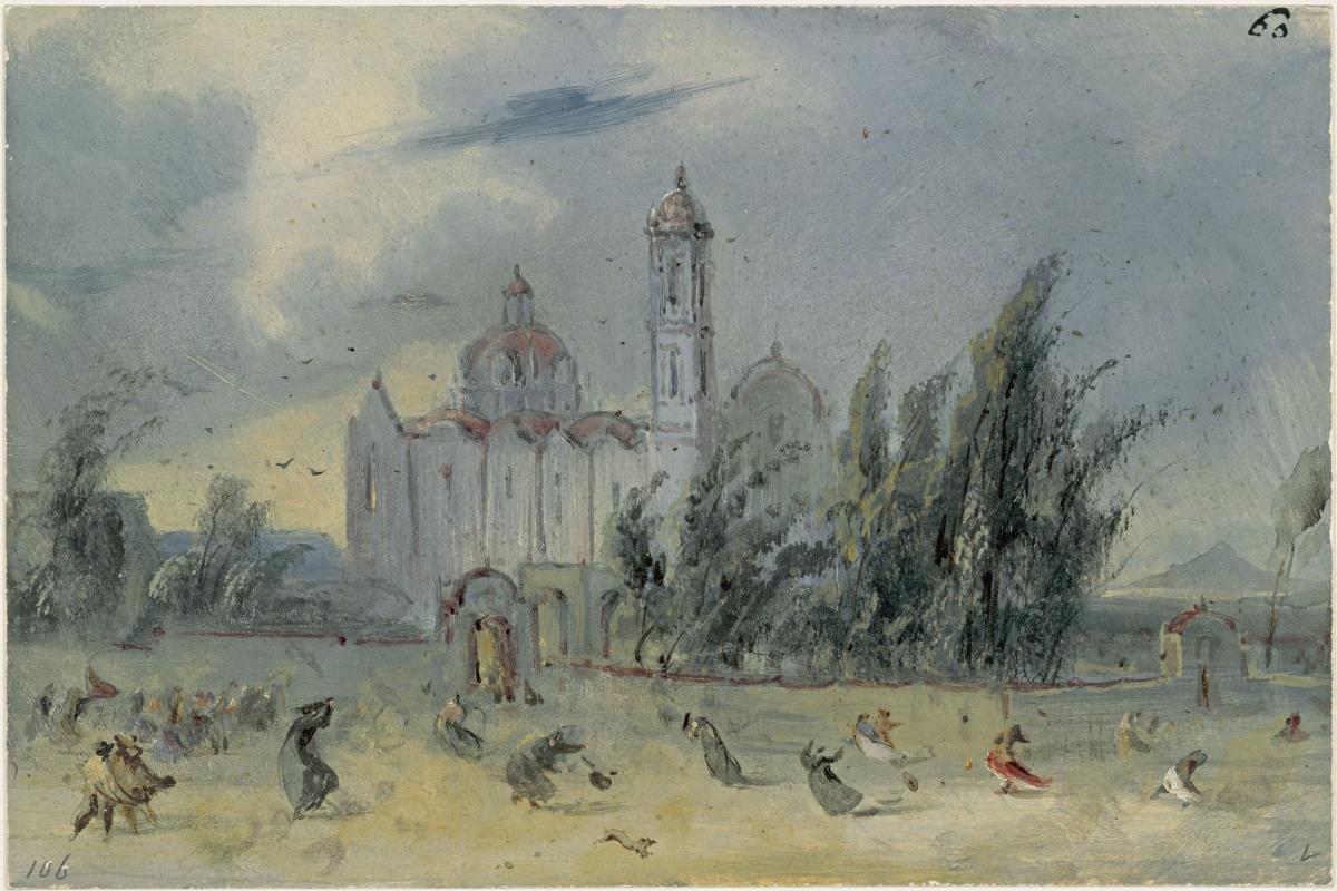 Amozoque. Unwetter vor einer Kirche während einer Prozession
