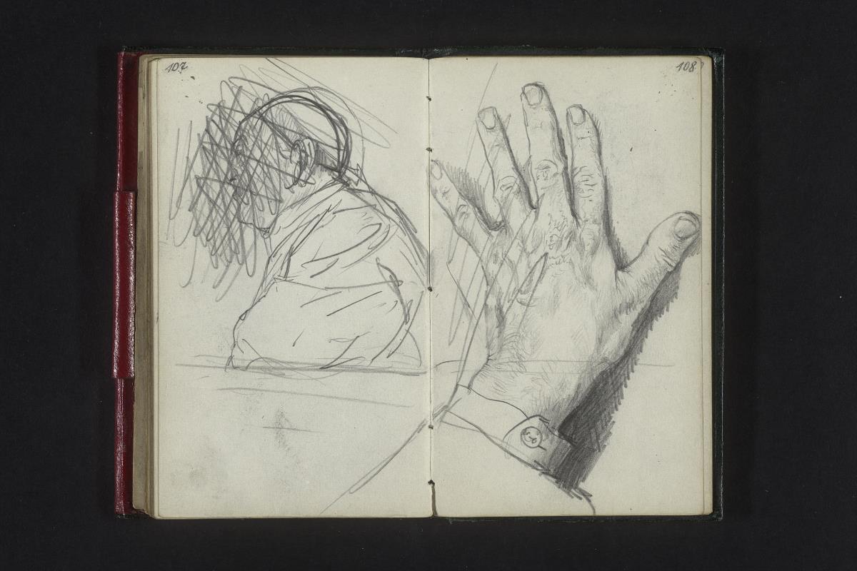 Priester mit Kappe im Profil (verworfen) und Studie einer linken Hand