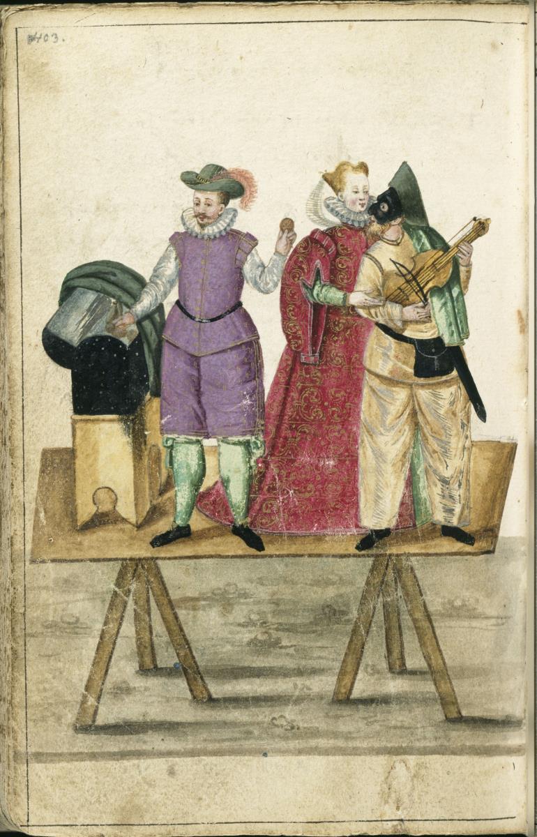 Stammbuch des M. A. Pribil (1587-94) - Drei Komödianten auf einem Bühnengestell