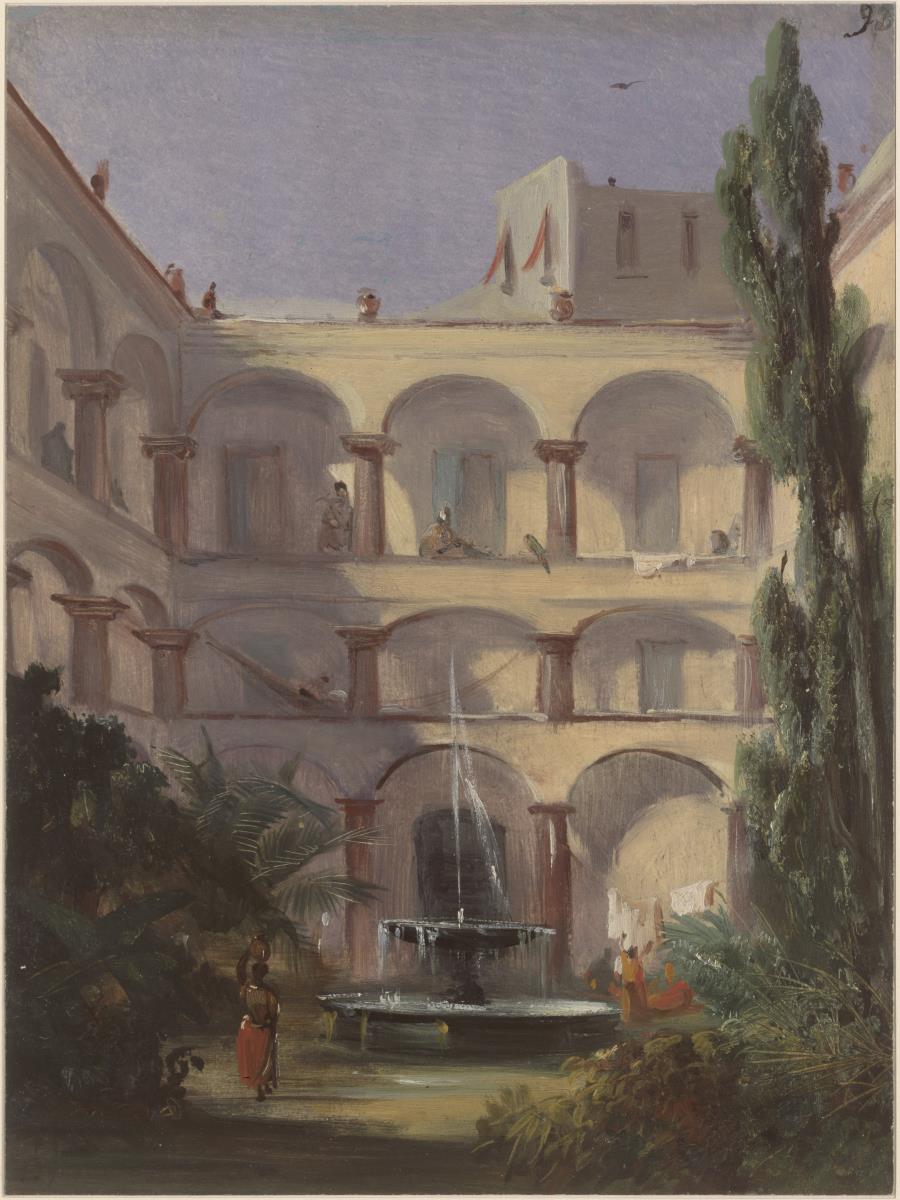 Der Innenhof eines Hauses im Kolonialstil mit einem Brunnen