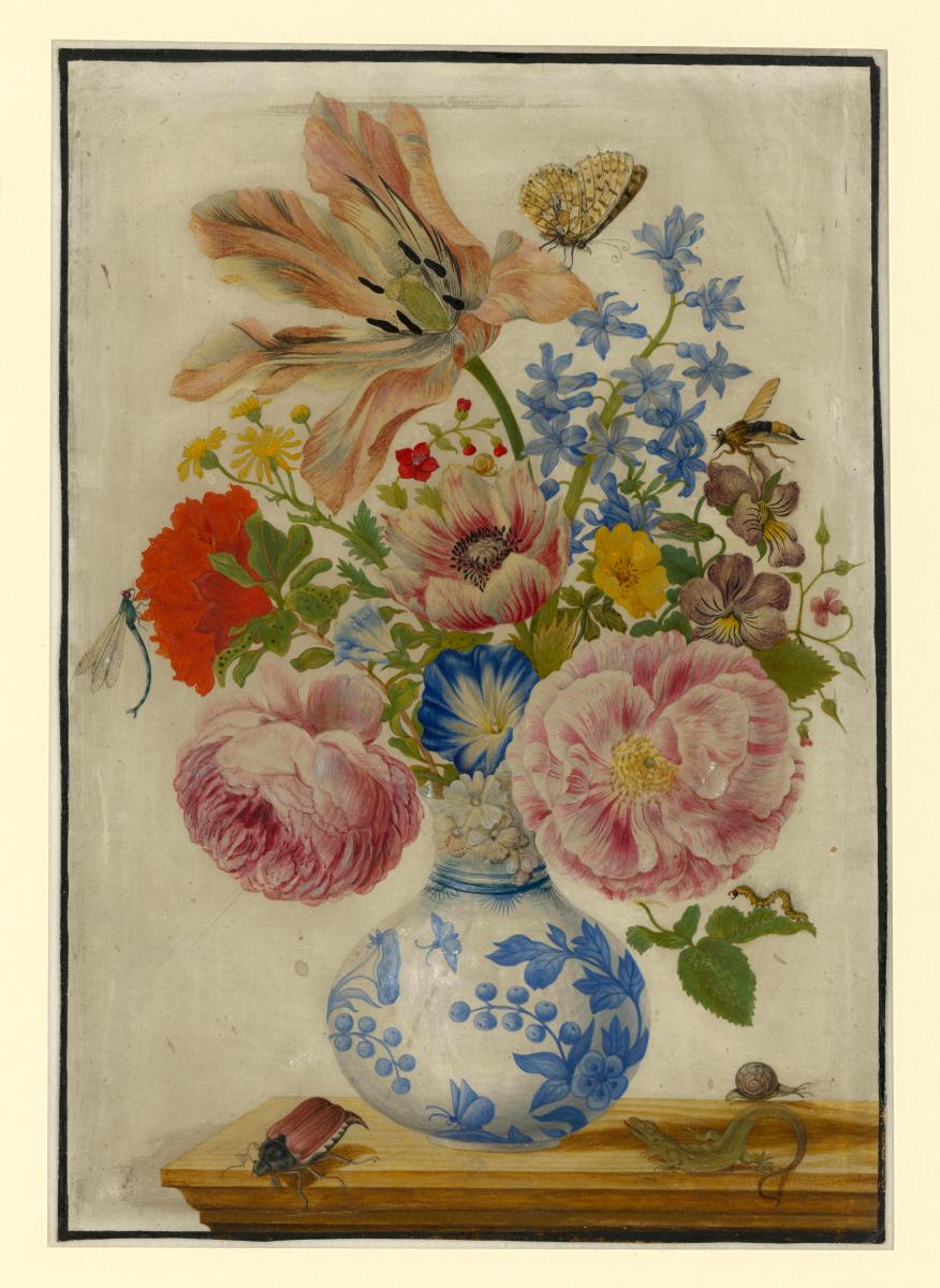 Chinesische Vase mit Rosen, Mohn und Nelken