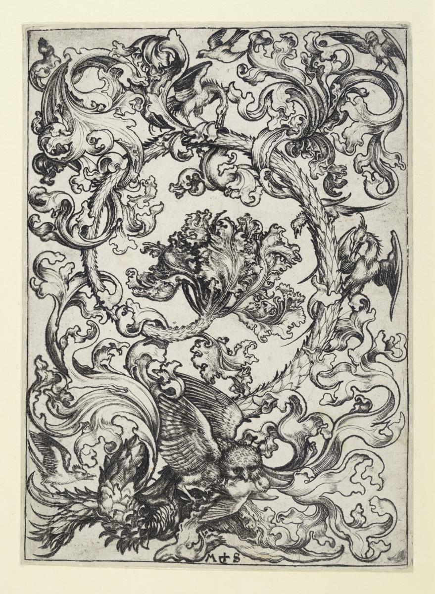 Ranke mit Eule und anderen Vögeln