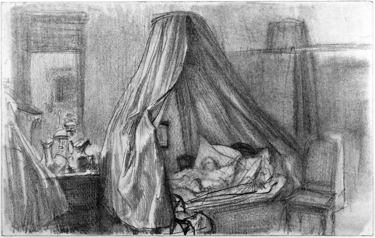 Schlafzimmer mit Himmelbett, Spiegel, Kommode und Stühlen