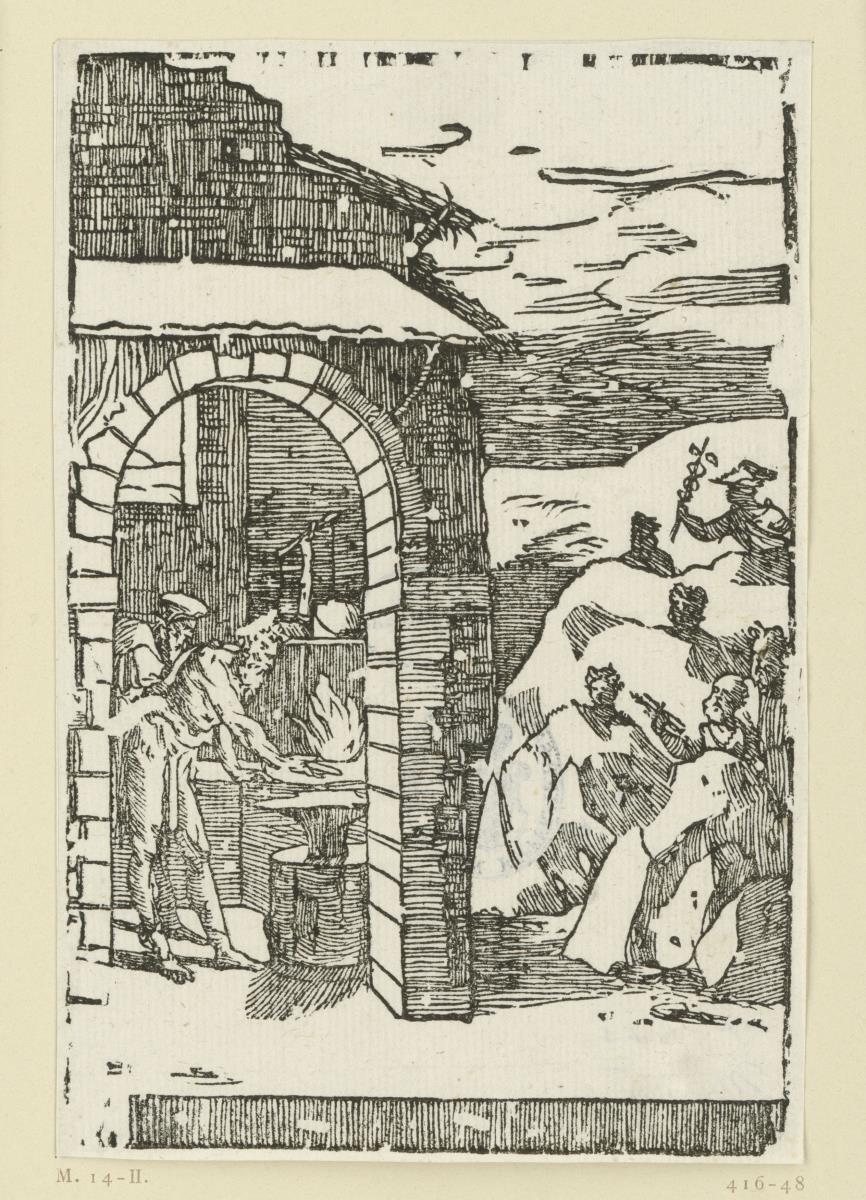 Der Ruf der Metalle. Hephaistos (Vulkan) und ein Gelehrter stehen am Feuer einer Schmiede, während draußen in den Felsen die Götter (als Repräsentanten der Metalle) versteckt sind: Saturn (Blei), Jupiter (Zinn), Venus (Kupfer), Luna (Silber), Merkur (Quecksilber), Sol (Gold), Mars (Eisen). Aus der Folge "De re metallica".