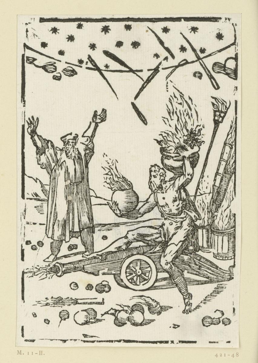 Das fertige Geschütz als Ergebnis des Gusses; zugleich eine Darstellung der Pulverwirkung. Aus der Folge "De re metallica".