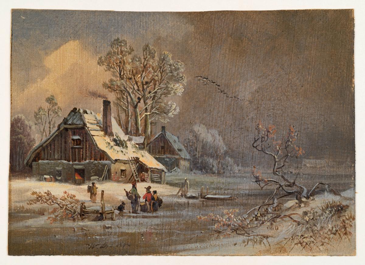Haus in winterlicher Landschaft mit Personen