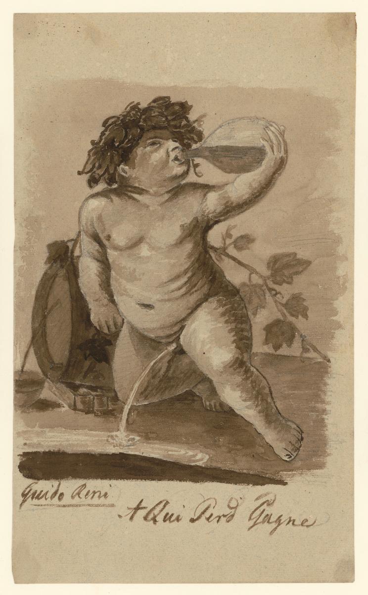 trinkender Putto am Weinfass