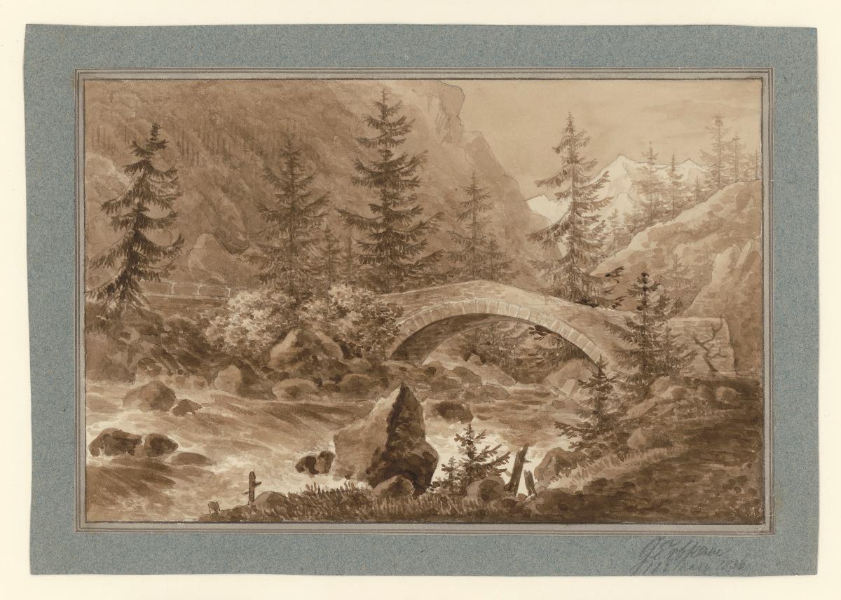 Flusslauf mit Felsen und Brücke in Gebirgslandschaft