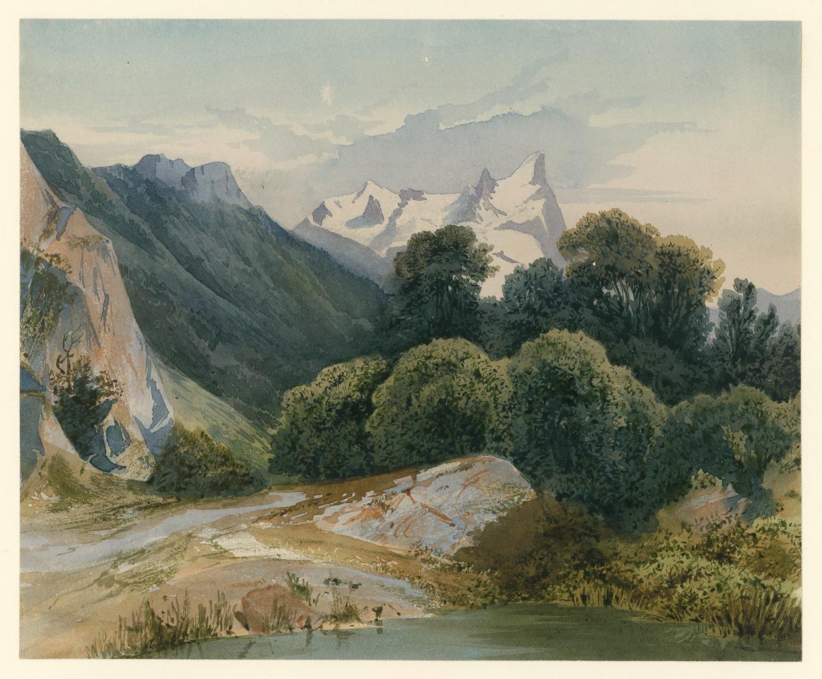 Gebirgslandschaft mit Büschen und See im Vordergrund