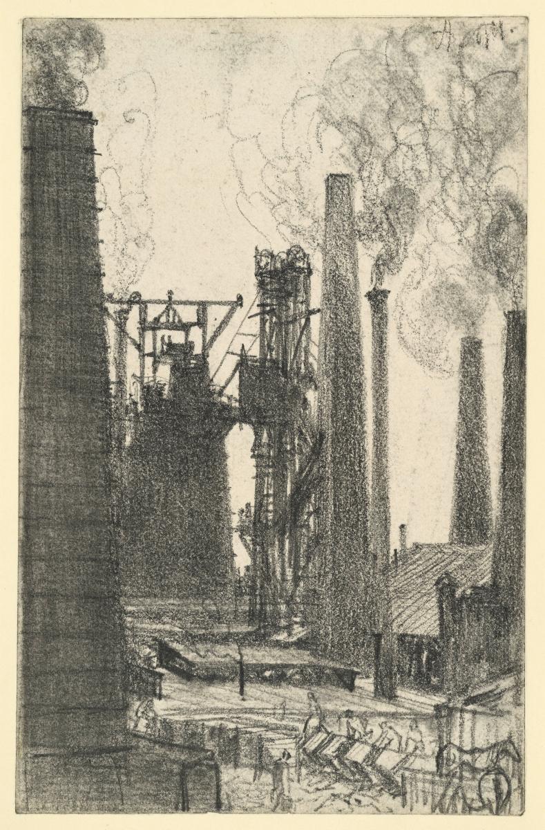 Fabrikplatz mit rauchenden Schloten (Königshütte?)