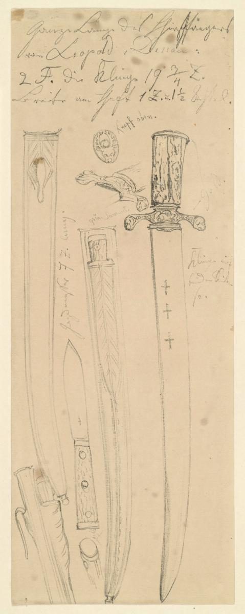 Hirschfänger und Messer Leopold von Dessaus. Mit Detailstudien und Maßnotizen