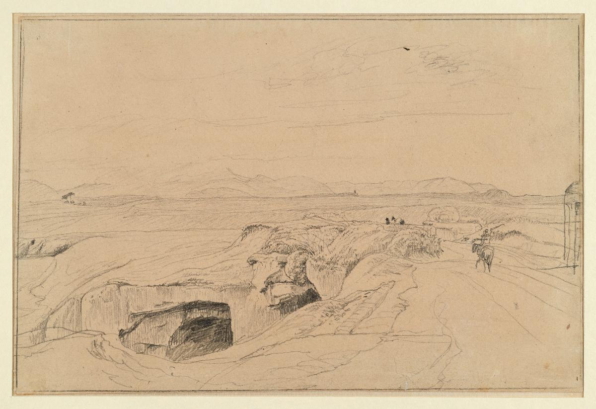 Campagnalandschaft, vorn eine Höhle auf dem Weg ein Reiter
