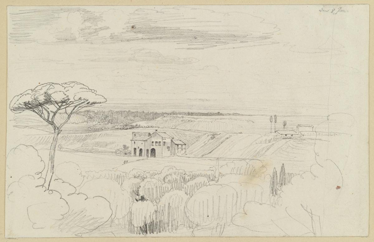 Italienische Landschaft, vorn eine Pinie, im Mittelgrund eine Häusergruppe