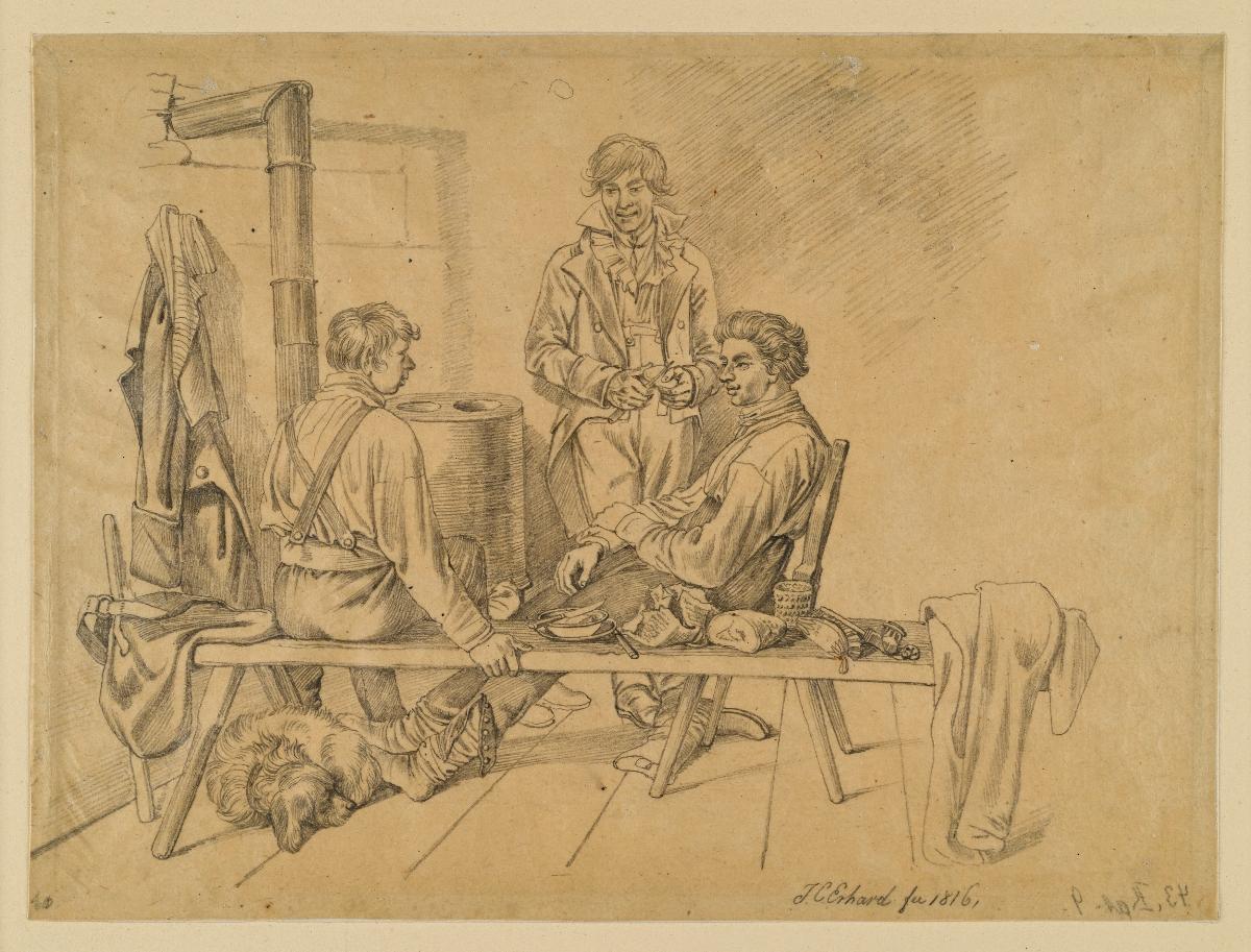 Der Künstler mit Georg Christian Wilder und Conrad Wiesner auf der Wanderschaft im Wirtshaus