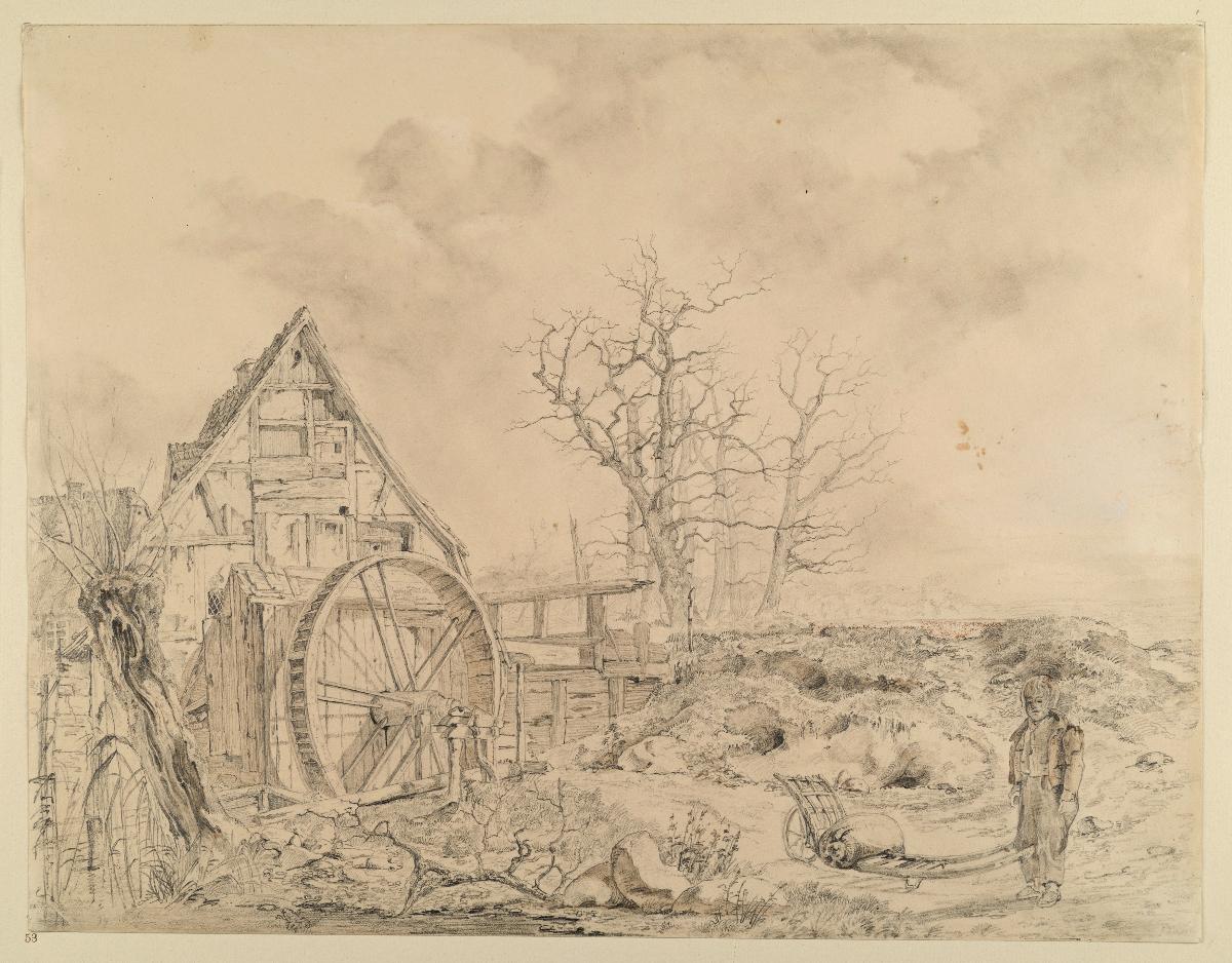 Wassermühle, vorn ein Bauernknabe mit Karren