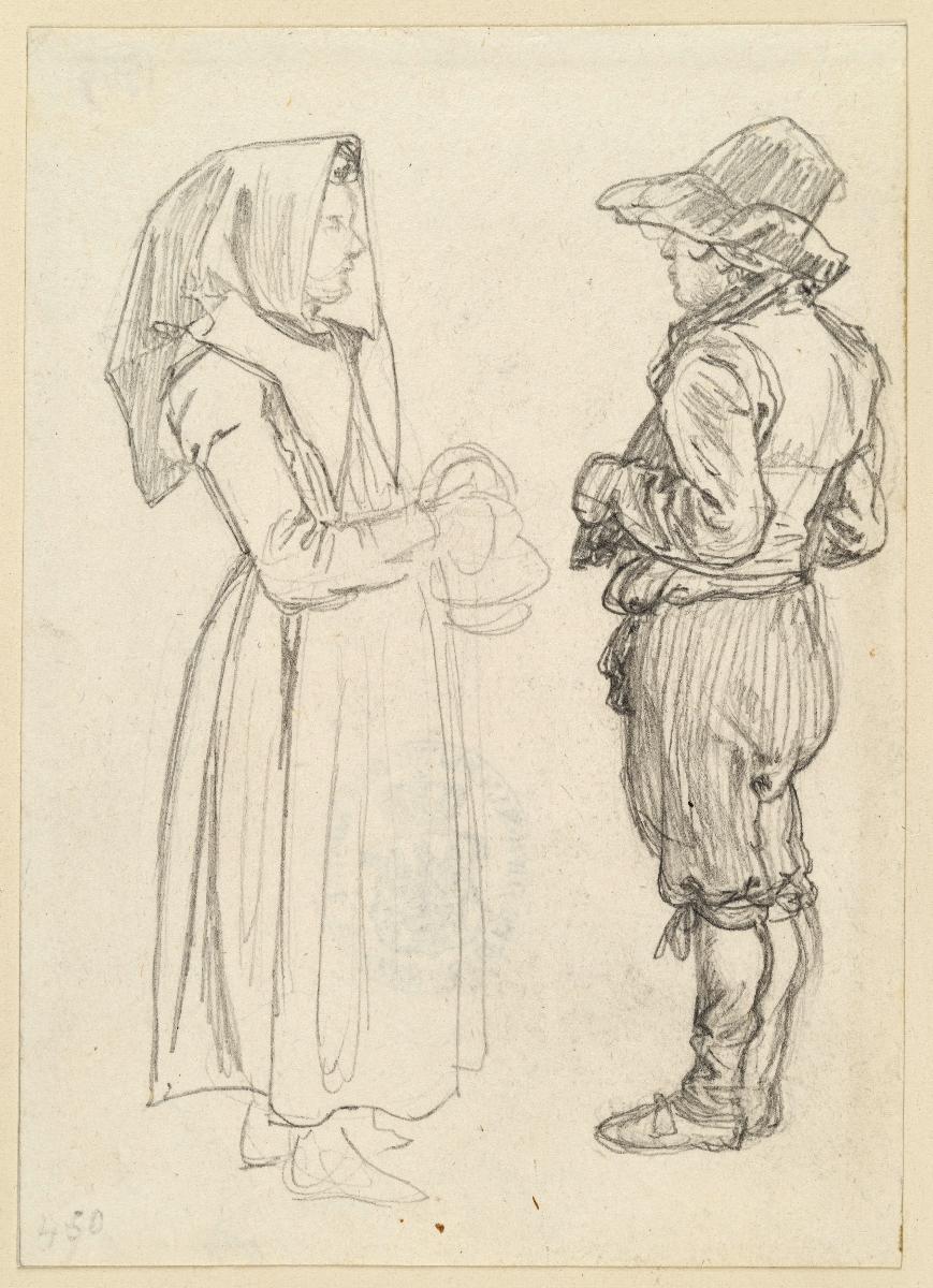 Bauer und Bäuerin, stehend einander zugekehrt