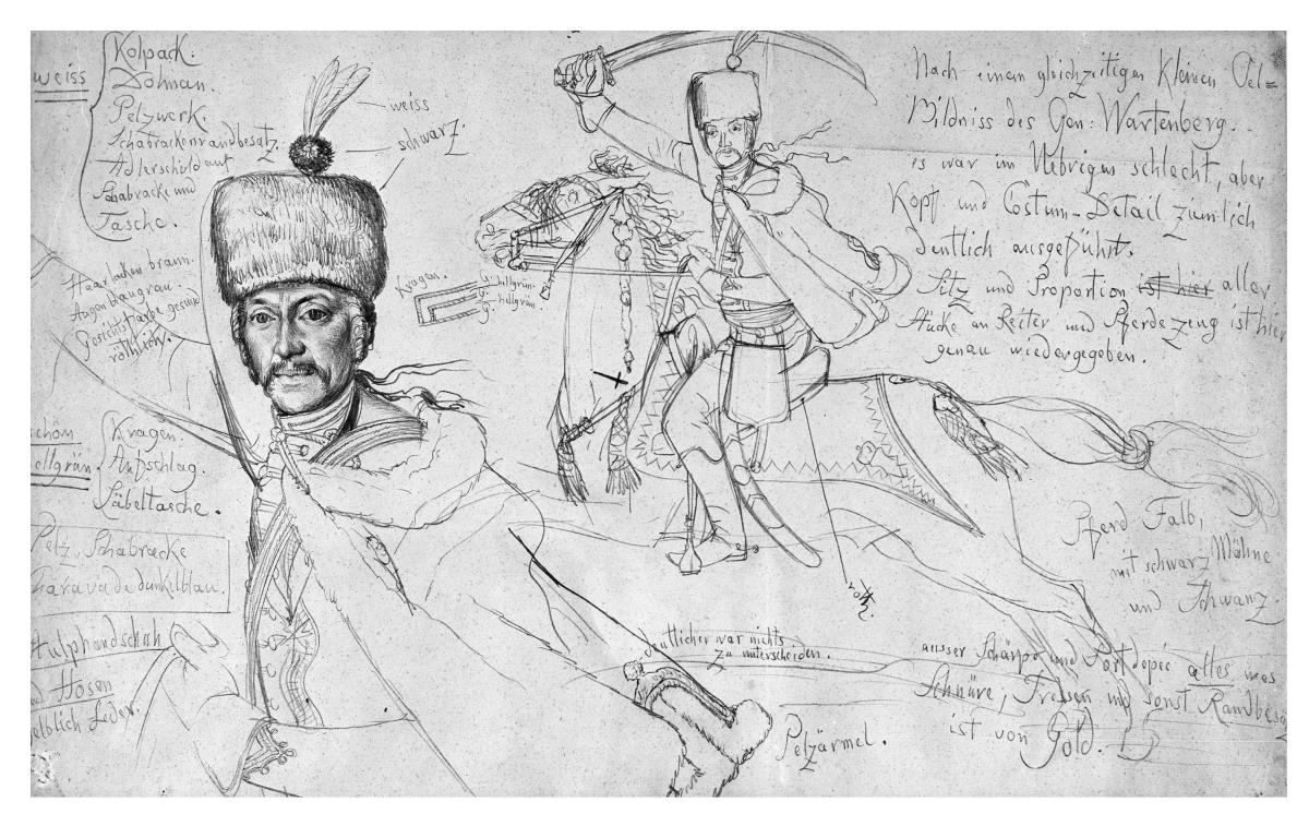 Hartwig Karl von Wartenberg, General und Chef des Husarenregiments Nr. 3, Brustbild nach links, Reiterbildnis, mit Notizen