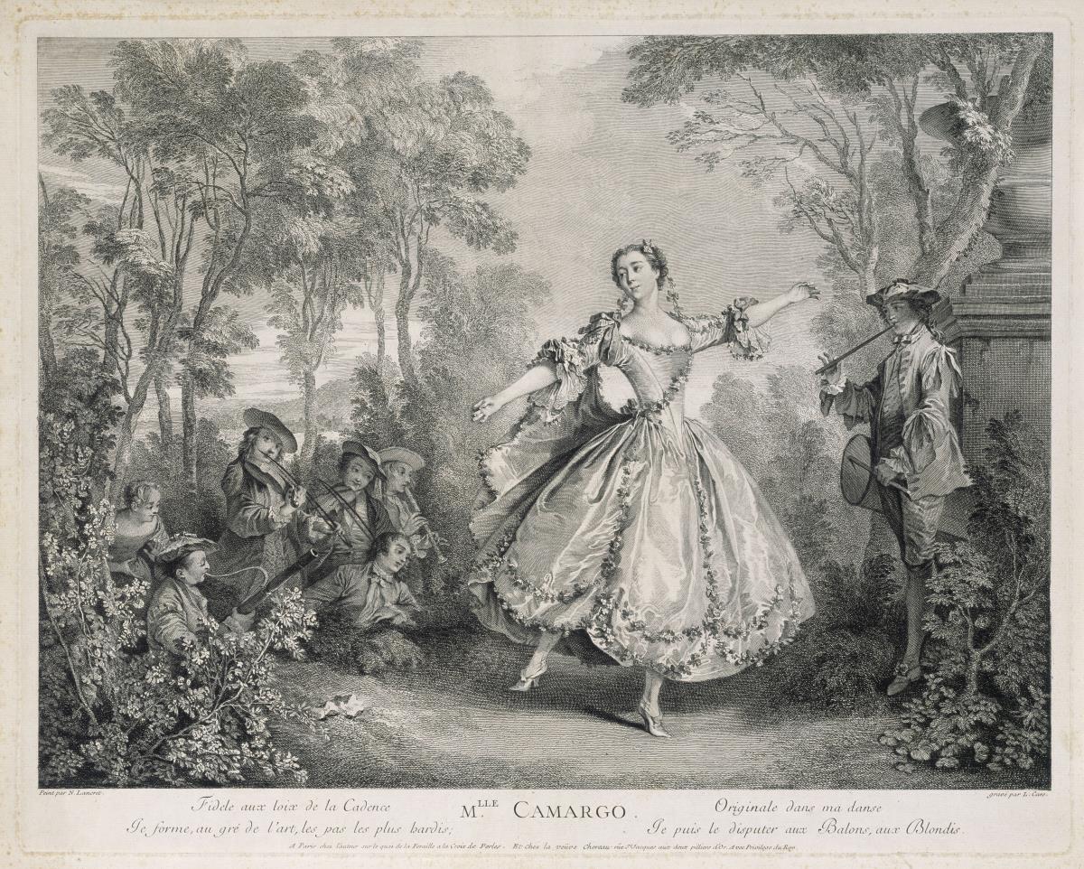 Mademoiselle Camargo (Porträt der Tänzerin Marie Anne de Cupis de Camargo) umgeben von Musikanten