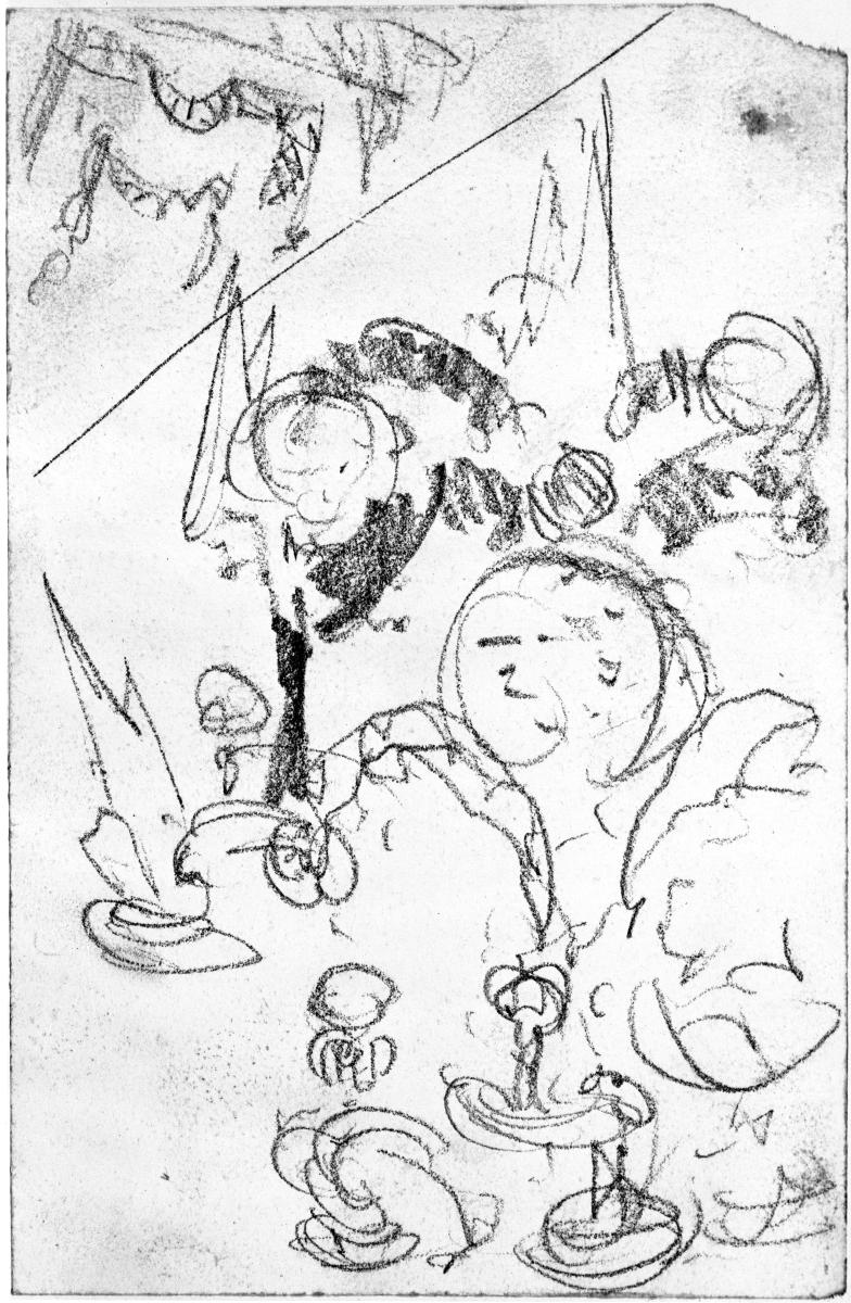 Rauch- und Flammenbildungen, oben ein ornamentales Motiv