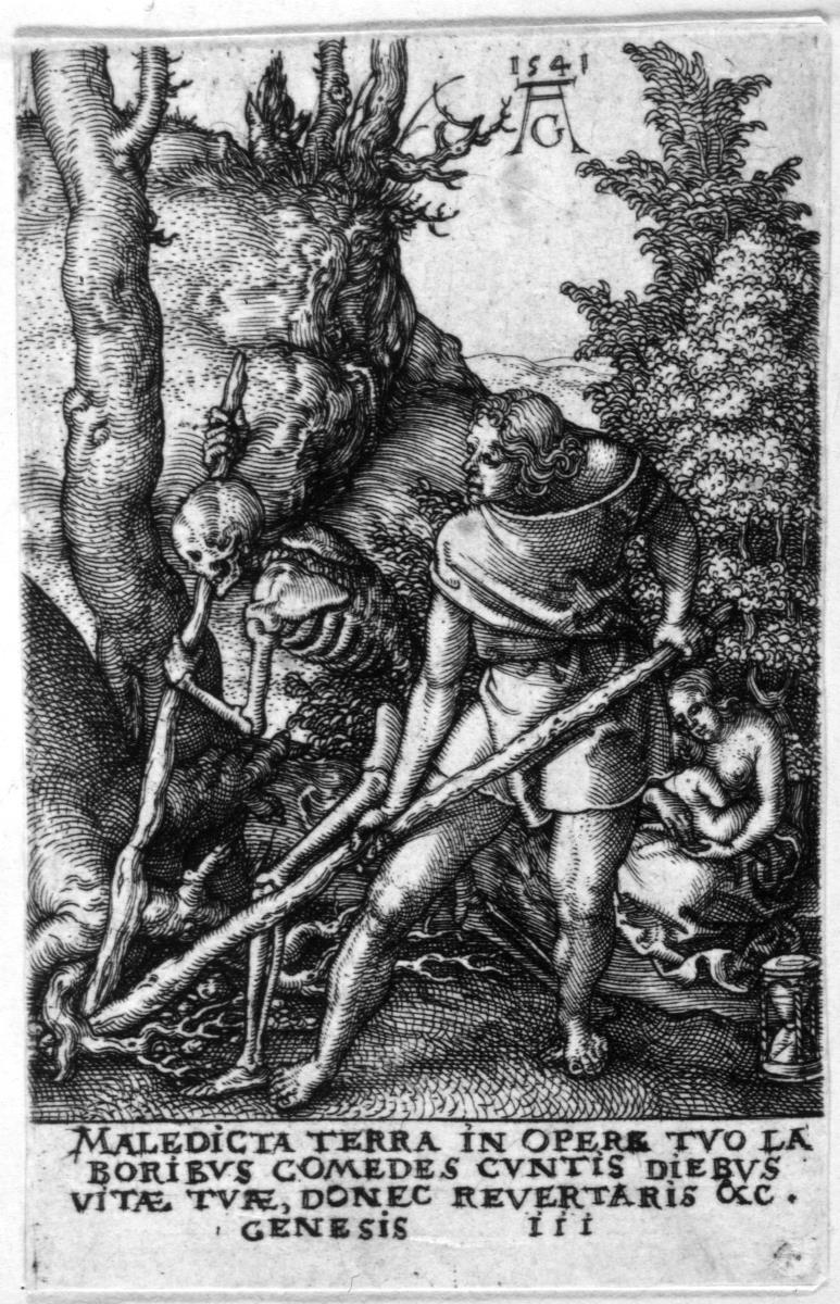 Adam bei der Arbeit, mit Tod