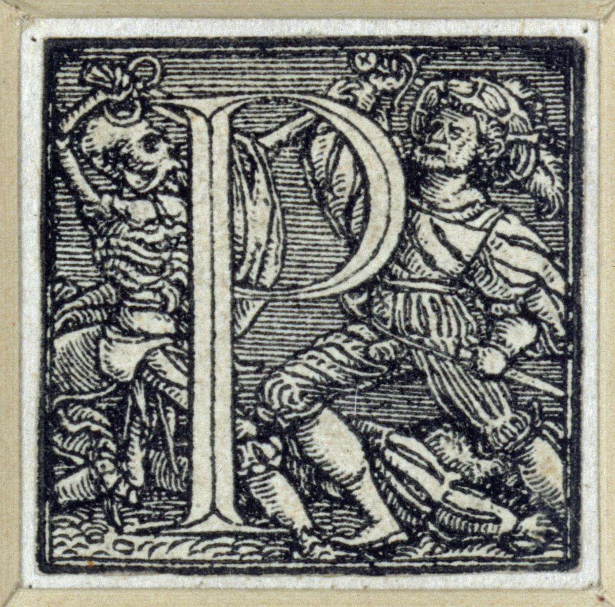 Initiale zu einem lateinischen Majuskel-Alphabet (sog. "Todesalphabet"): P