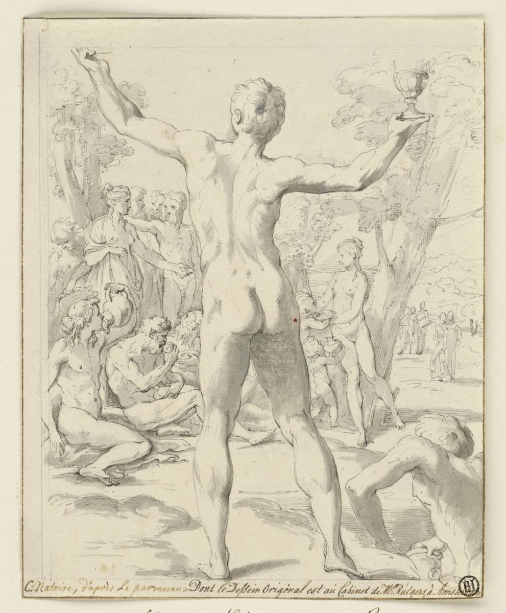Ganymed reicht den Göttern eine Schale mit Nektar (nach einer Zeichnung von Parmigianino, damals in der Sammlung Rutgers, Amsterdam)