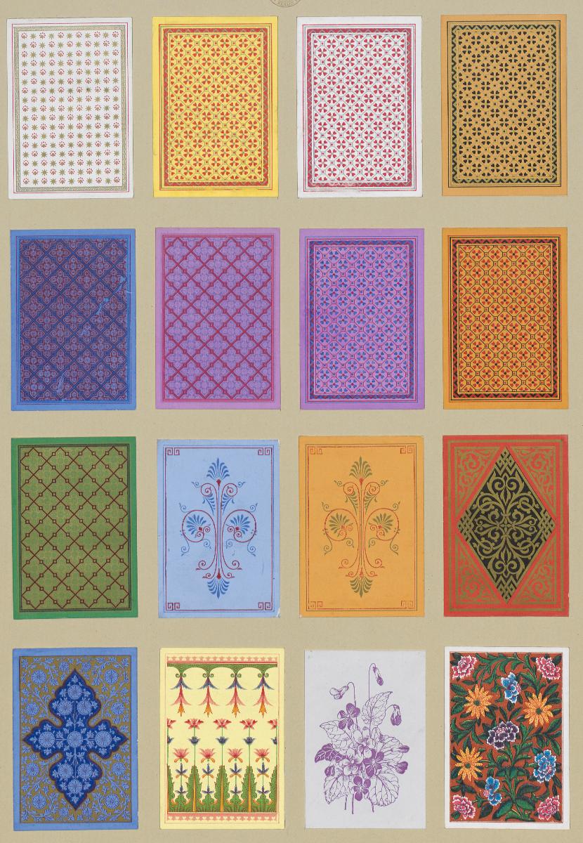Rückseiten von Spielkarten mit Flächenmustern und floralen Motiven (16 Karten)