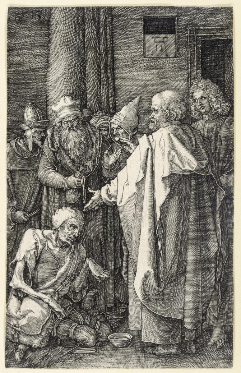 Petrus und Johannes einen lahmen Bettler im Tempel heilend (Kupferstich-Passion)