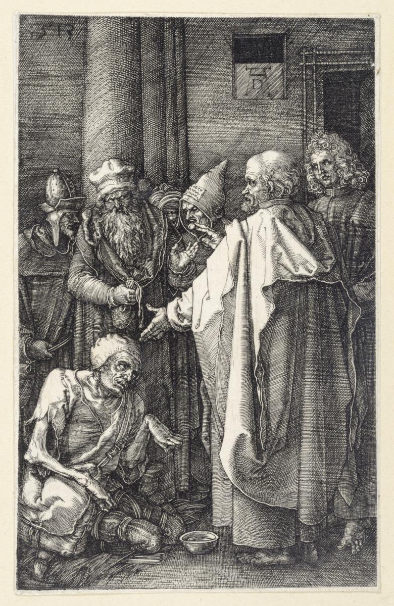 Petrus und Johannes einen lahmen Bettler im Tempel heilend (Kupferstich-Passion)