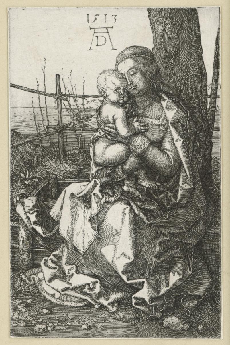 Maria mit Kind an einem Baum sitzend