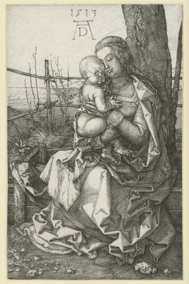Maria mit Kind an einem Baum sitzend