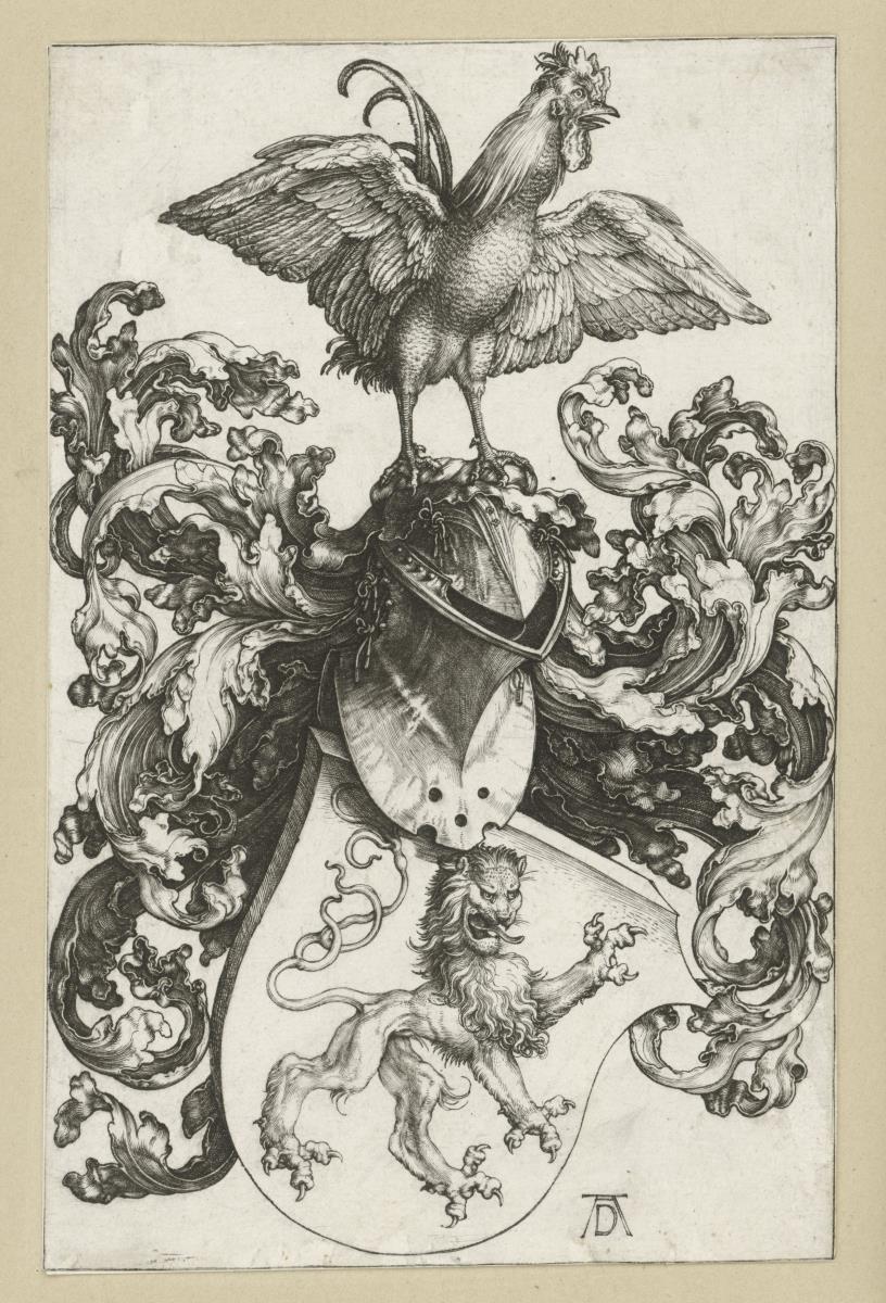 Wappenschild mit Löwe und Hahn