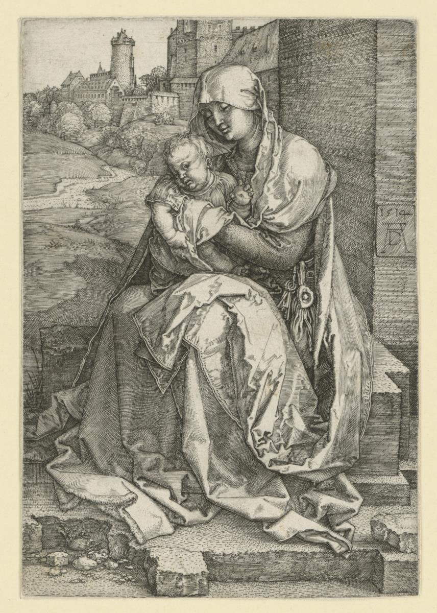 Maria mit Kind vor einer Mauer sitzend