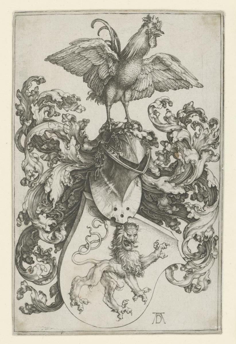 Wappenschild mit Löwe und Hahn